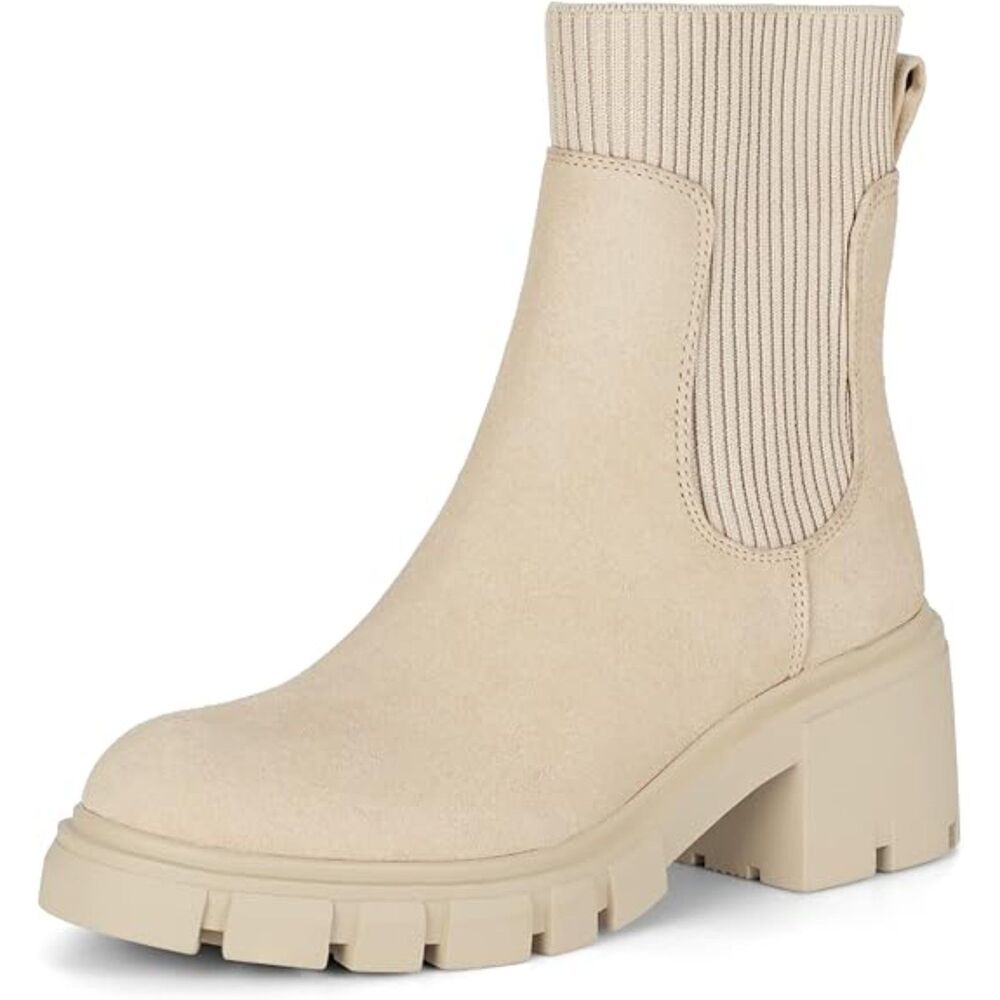 Women's Apricot Lug Sole Round Toe elastic knit band Chunky Ankle Casual Boots